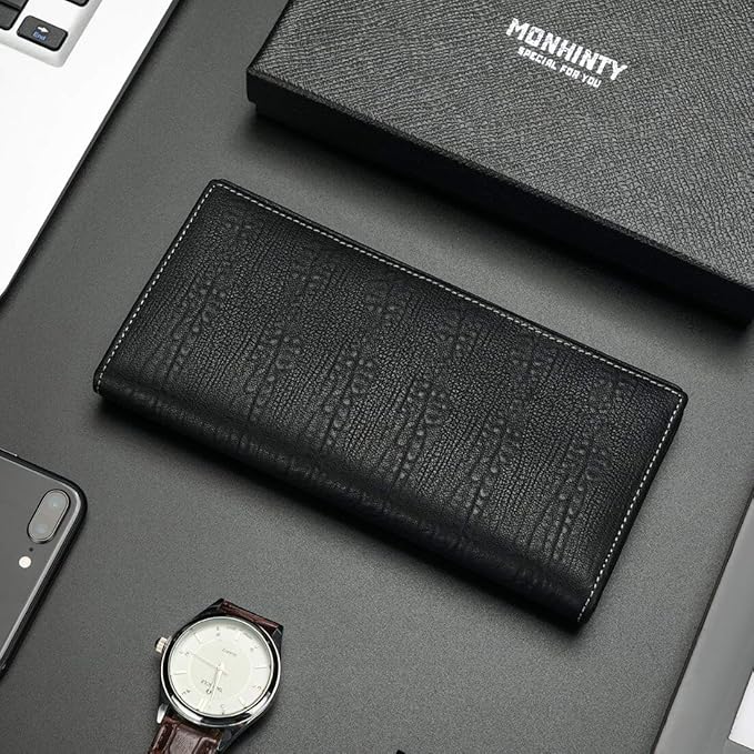 Suzaleis Men's Long Bifold Wallet β Genuine Leather, Multi-Card, Black