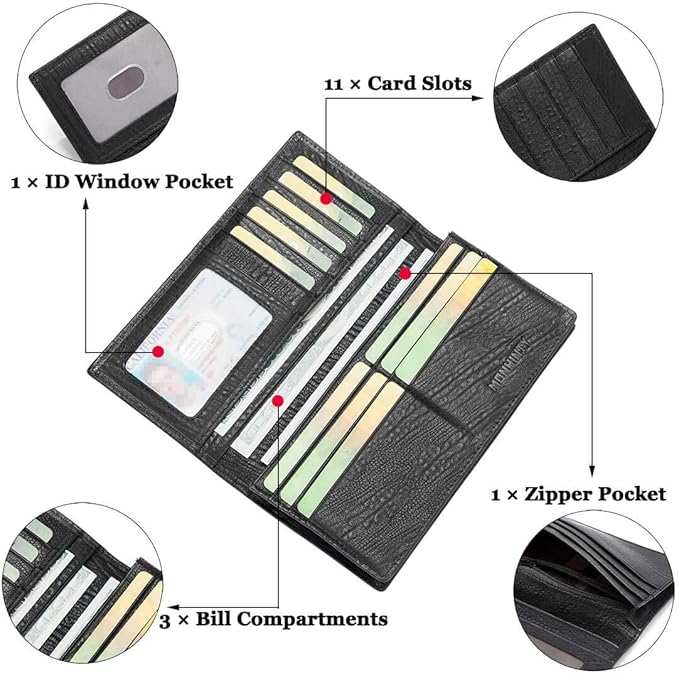 Suzaleis Men's Long Bifold Wallet β Genuine Leather, Multi-Card, Black