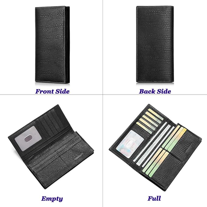 Suzaleis Men's Long Bifold Wallet β Genuine Leather, Multi-Card, Black